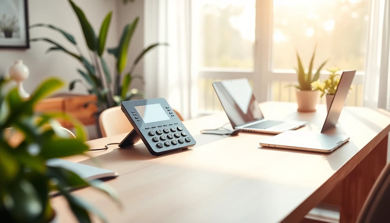 Enhance communication with a VoIP phone in a bright home office setting.