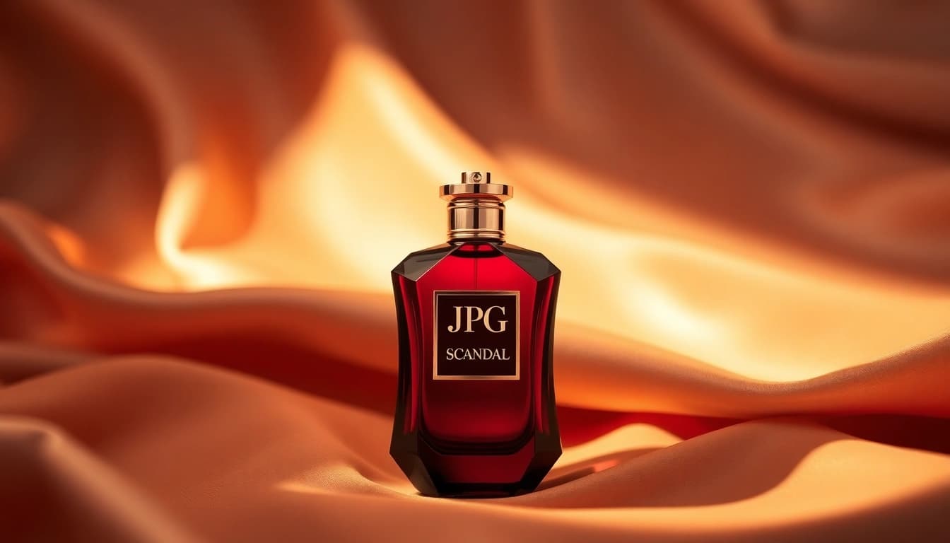 Showcasing Jpg Scandal perfume bottle in a luxurious setting, highlighting its elegant design and warm glow.
