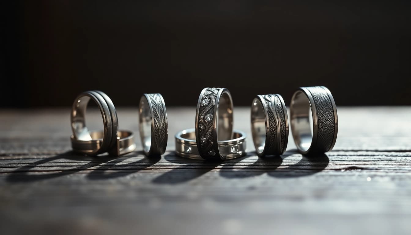 Shop unique mens wedding rings featuring intricate designs and luxurious textures.