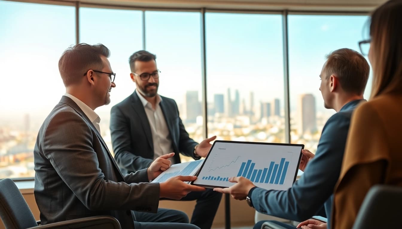Engaging business coach los Angeles consulting with clients in a modern office environment.