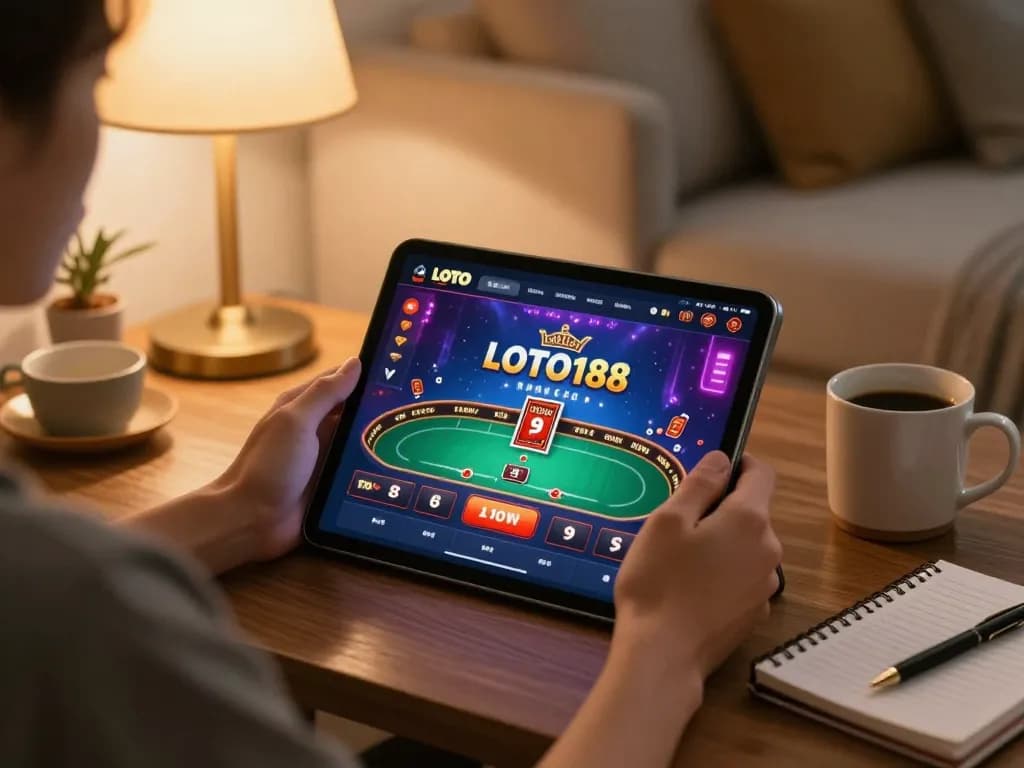 Engaging in LOTO188 TRANG CHỦ gameplay on tablet with strategy notes and warm ambiance