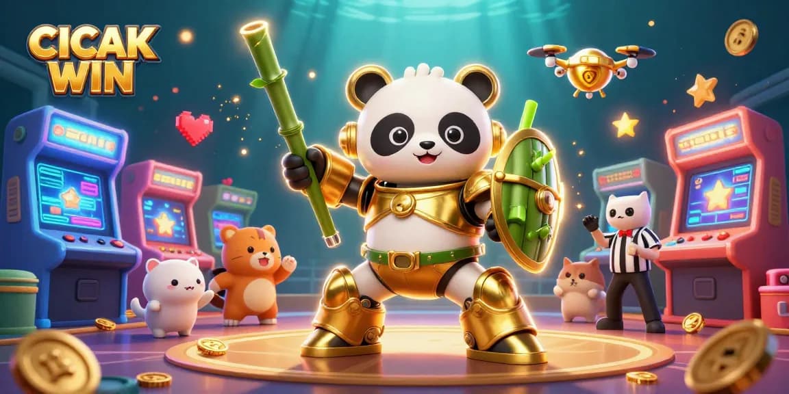 CICAK WIN showcases an exciting gaming arena with a golden panda in a mech-suit battling among colorful arcade games.