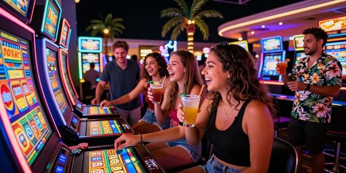 Friends enjoying apk slot machines at a lively casino venue with vibrant lights