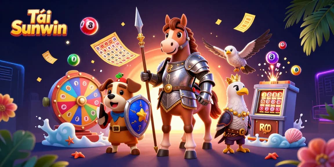 Tải Sunwin to join the exciting gaming scene with a knight, puppy, and falcon amidst lively lottery elements.