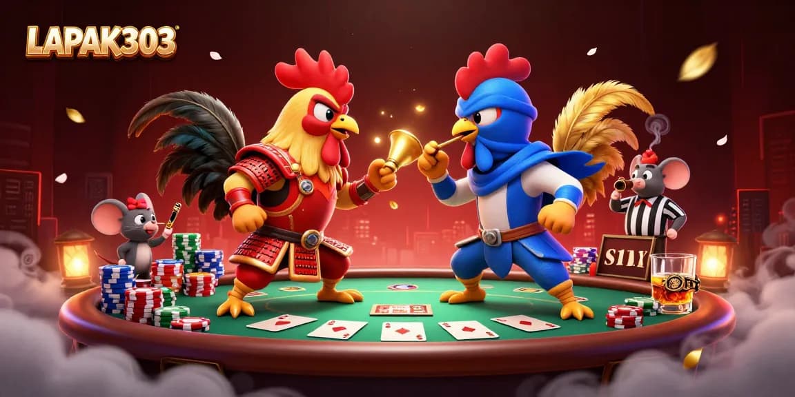 LAPAK303 features a dramatic duel between cartoon roosters in a vibrant casino setting.