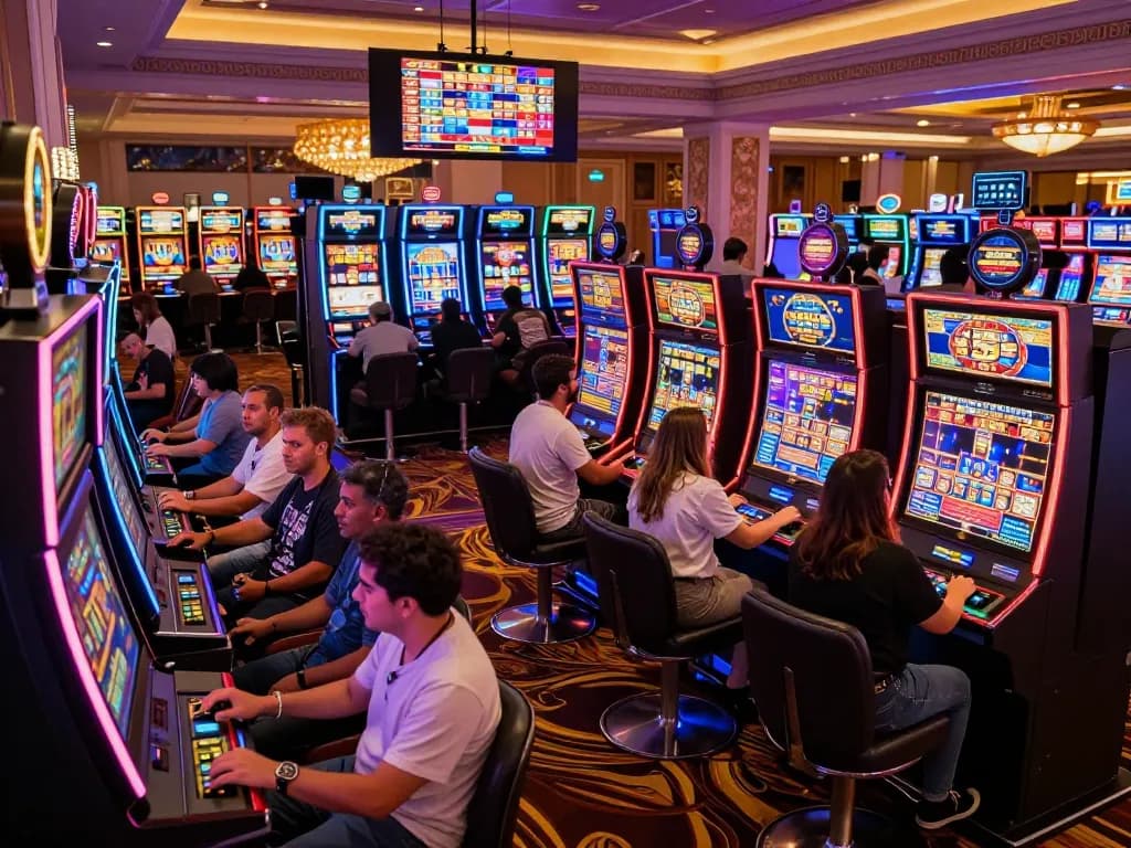 Intense players engaging with colorful slot machines, embodying the excitement of giường bệnh nhân gaming in a vibrant casino atmosphere.