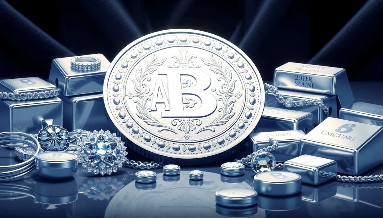 Showcasing today's silver price through detailed silver coins and products on a dark surface.