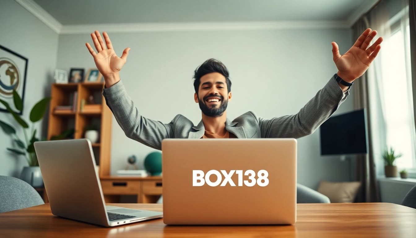 Celebrating a successful withdrawal of Rp 2.424.000,00 with BOX138 in a modern home office.
