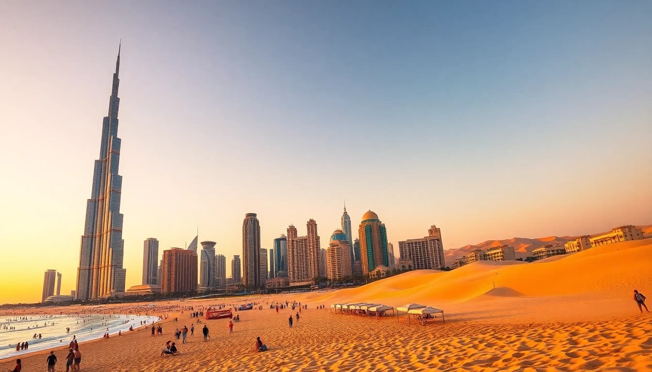 Explore Dubai's breathtaking skyline with iconic structures against a sunset backdrop, capturing the city's vibrancy.