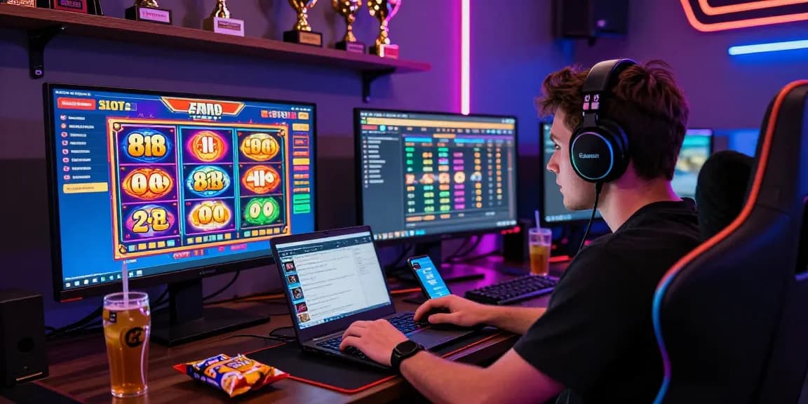 Player immersed in slot88 online gaming experience with vibrant visuals and snacks.