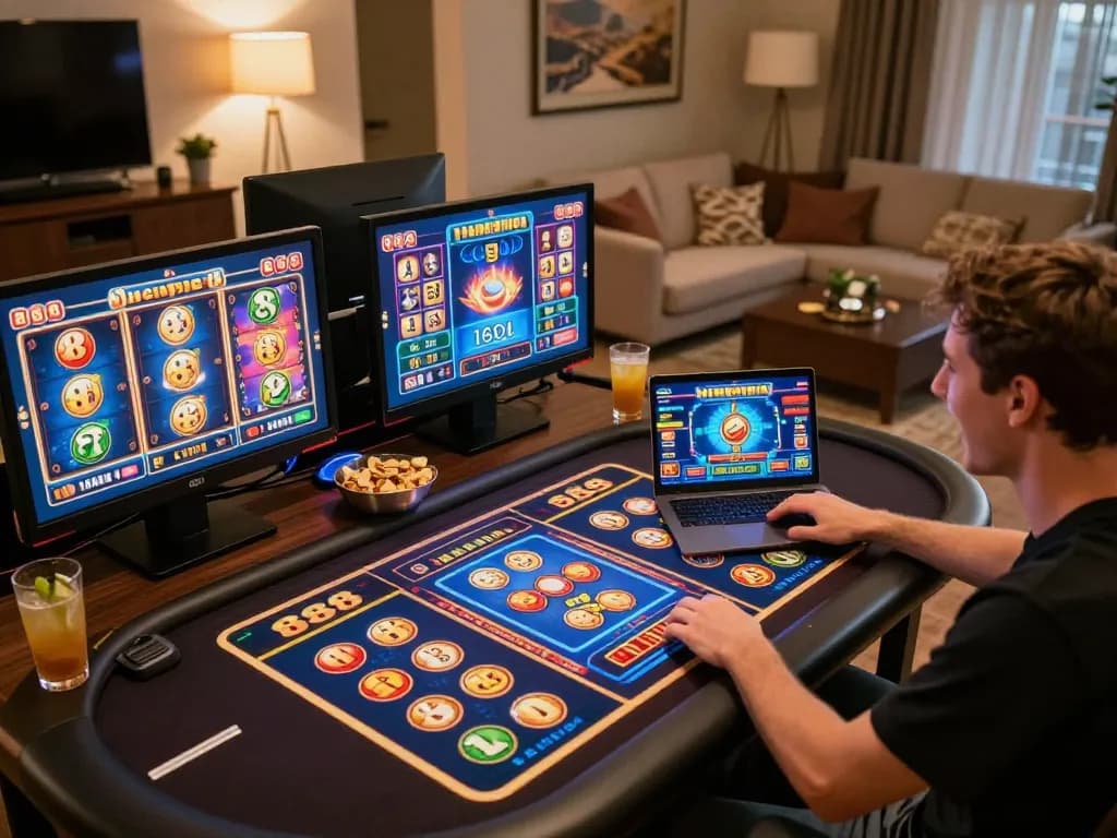 Engaging in vibrant slot88 gameplay at home during an exciting online casino session.