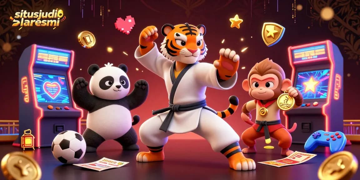 Situsjudibolaresmi showcases a kung fu tiger master with sports betting elements, capturing the thrill of online gambling.