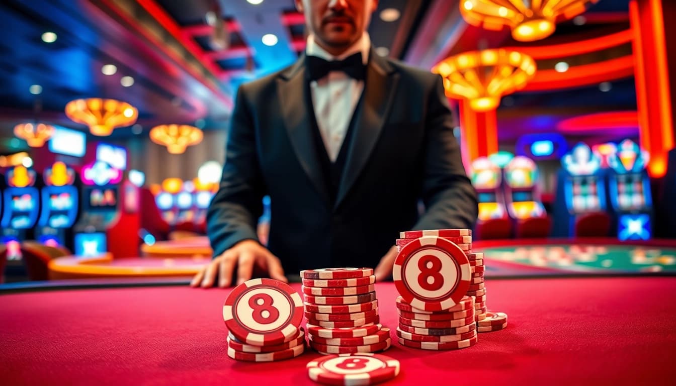 Engaging casino scene featuring 8win chips with a professional dealer and vibrant atmosphere.