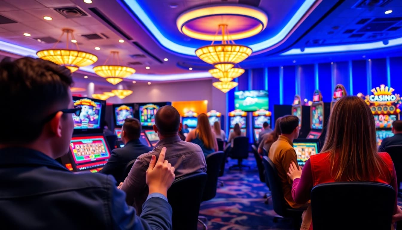 Erlebe aufregende Momente beim online casino spielen in einem eleganten, modernen Spielraum.