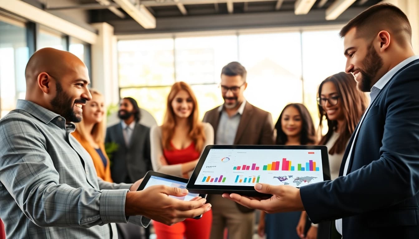 Engaging business growth insights collaboration among diverse professionals in a bright office.