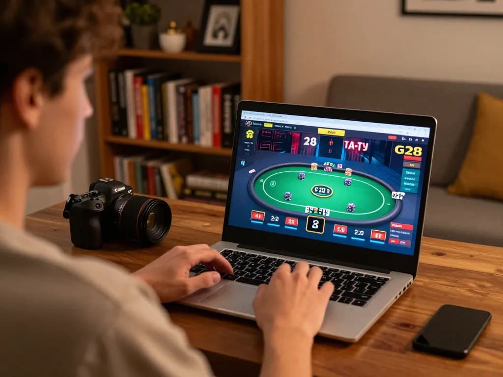 Person enjoying online gaming at home using the G28 trang chủ platform with poker game interface visible