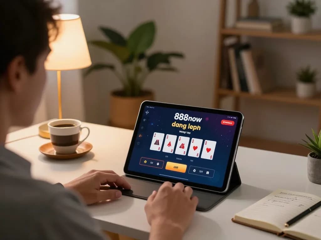 Engaging setup for 888now đăng nhập in online casino gaming on a tablet in a cozy home environment.