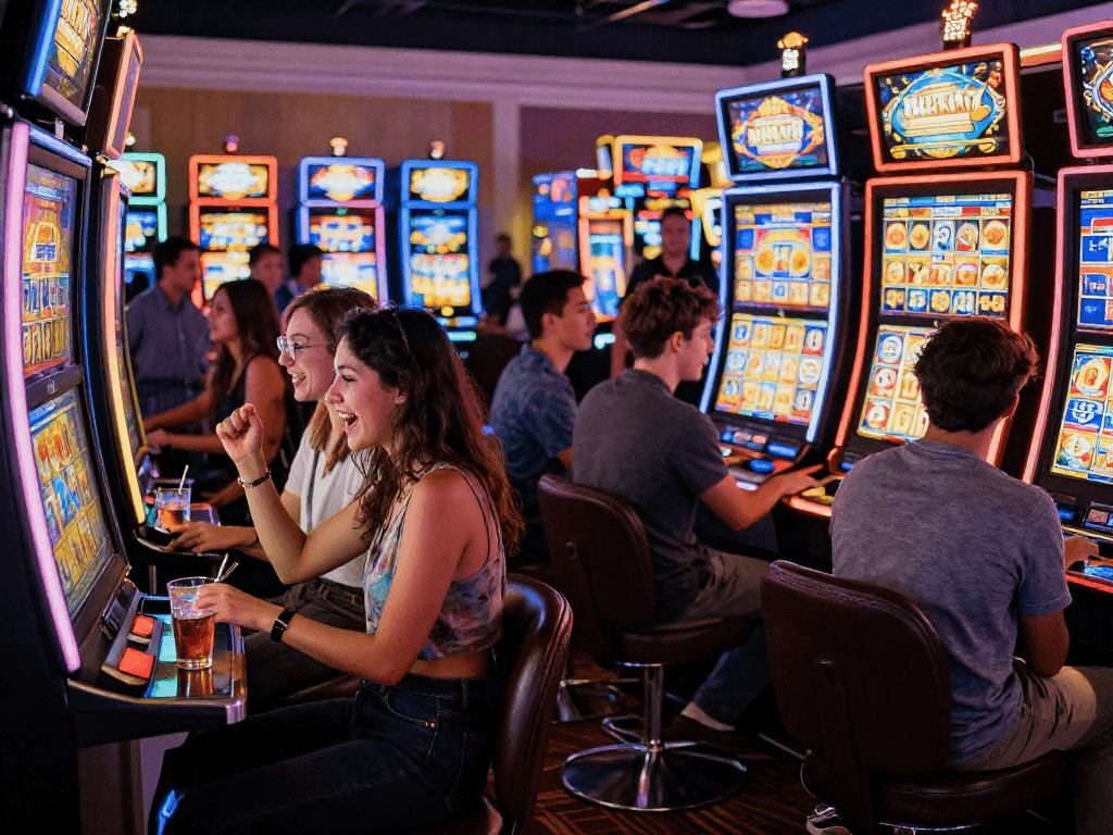 Exciting gaming scene showcasing friends playing slot luar negeri machines in a lively casino atmosphere.