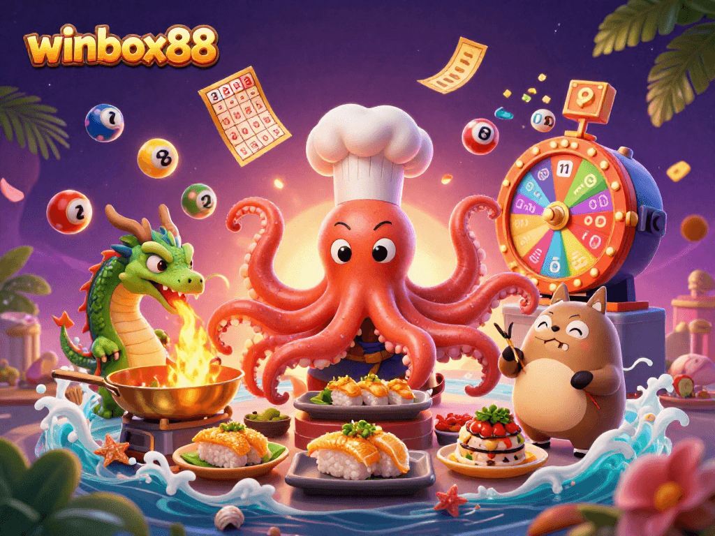 Engage with winbox88 as the sushi chef octopus delights in golden dishes amidst vibrant lottery elements.