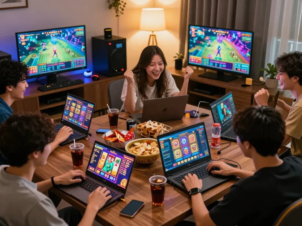 Players celebrating wins while enjoying slot kamboja in a cozy home gaming atmosphere.