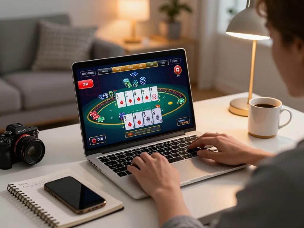 Playing blackjack on a laptop at home, highlighting 888VND strategies and interactive gameplay.