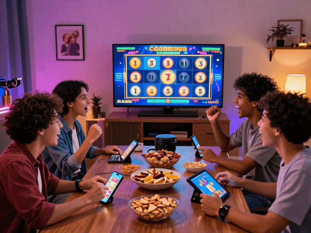 Diverse friends enjoying cocomaya bonus buy slots at home during an exciting gaming night.