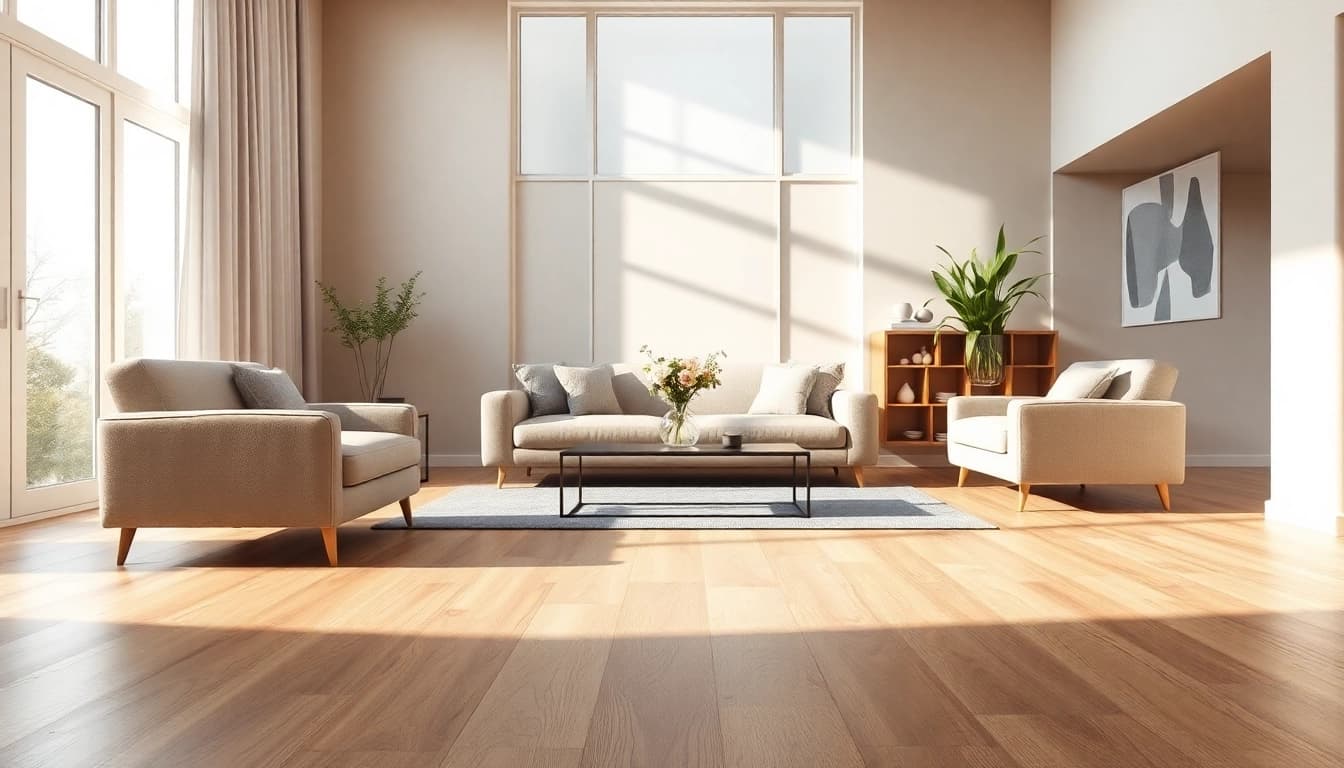 Enhance your home with quality vinyl flooring in a stylish living room setting showcasing modern design.
