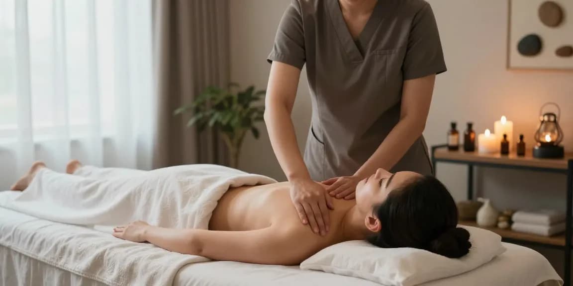 마사지 테라피 공간에서 이완된 고객에게 스웨디시 마사지를 제공하는 모습