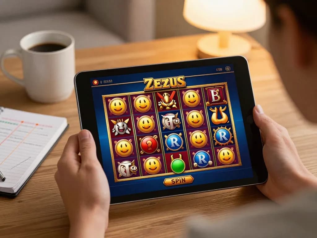 Momen menarik menekan tombol putar pada permainan link slot bertema Zeus di tablet dalam suasana rumah yang nyaman.