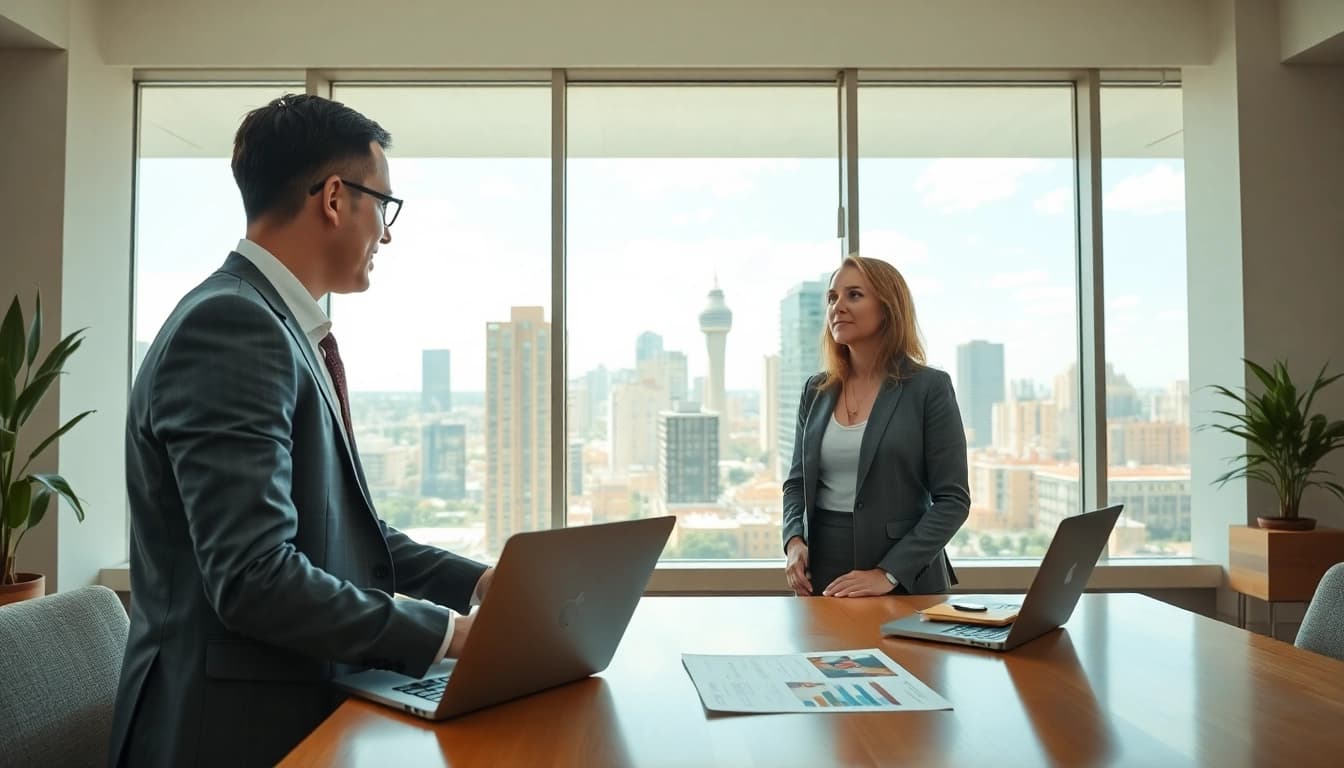 Engaging real estate agent presenting properties in a modern office environment.