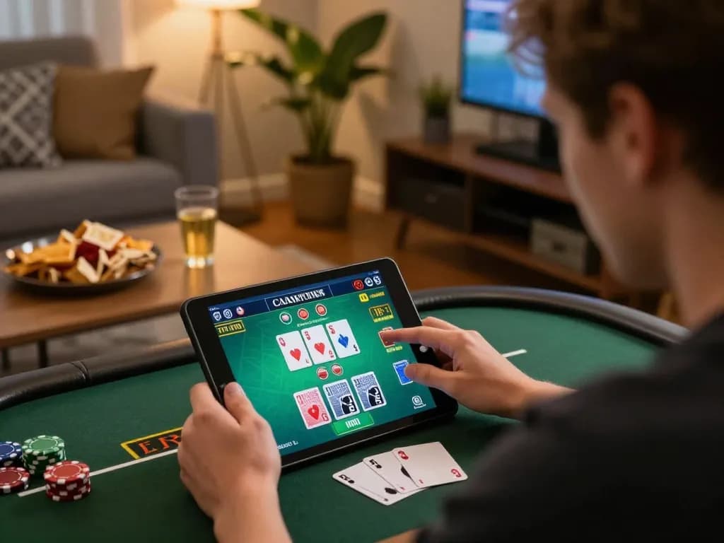 Engaging scene of online casinos Canada where a player bets on blackjack from a cozy home setup.