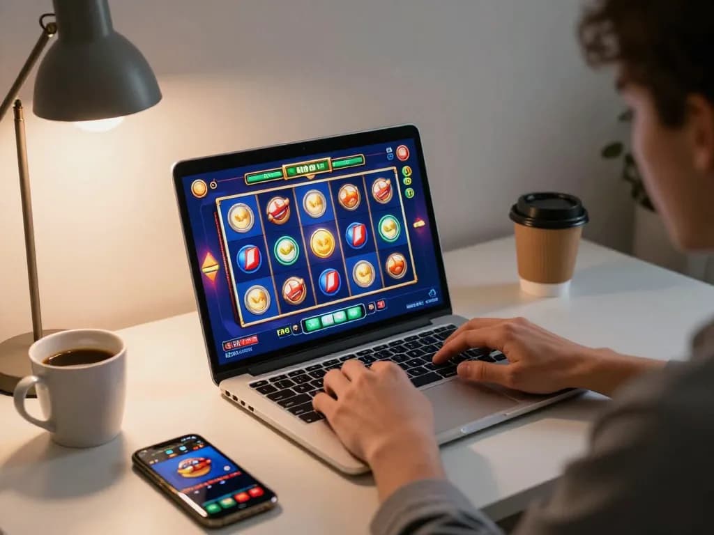 Engaging in online สล็อต gameplay with colorful slots and cozy home environment