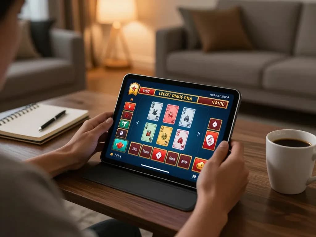 Engaging in online gambling at home, exploring LINK SUNWIN game strategies on a tablet.
