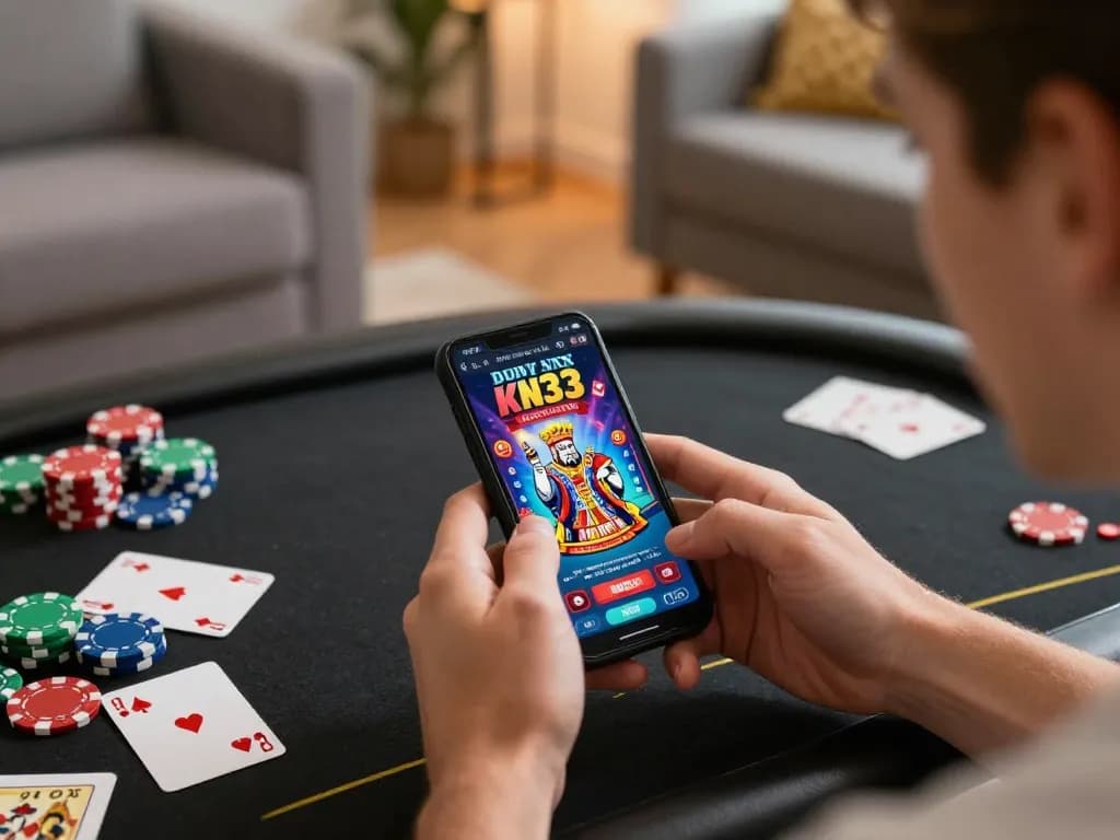 king33 app gameplay on a smartphone in a cozy home setting, showcasing dynamic gambling experience