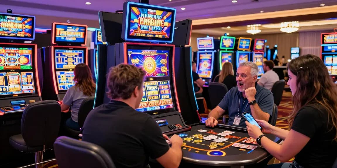 Engaging slot gaming atmosphere with players celebrating wins and examining game stats in a vibrant casino.