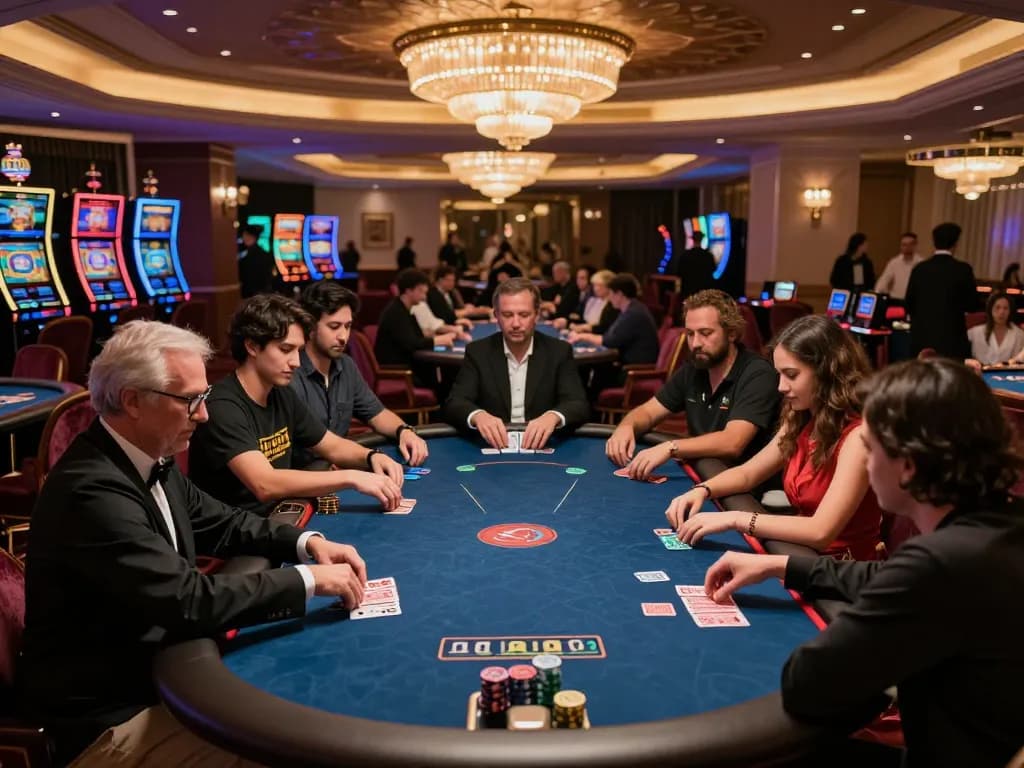 Intense gameplay at Nhà cái MM88 casino with players engaged at poker tables under elegant lighting.