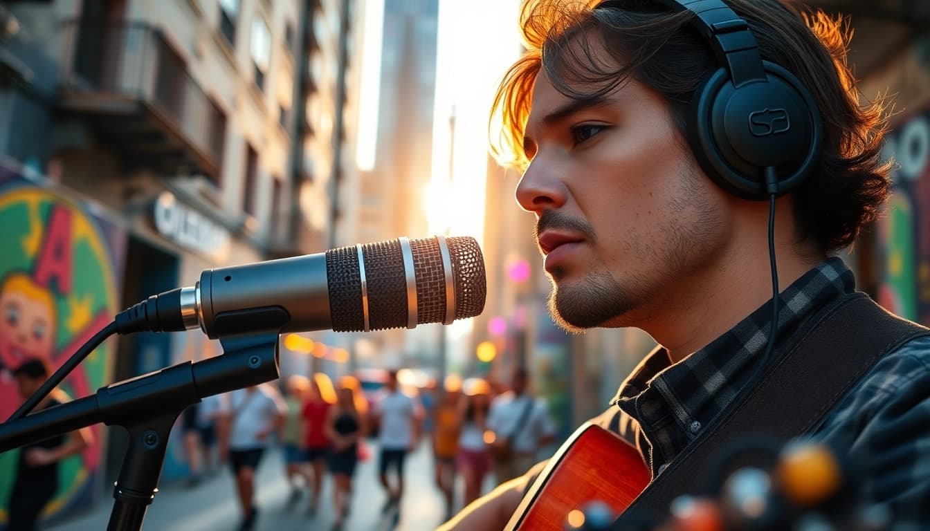 Capture sound with MV88 microphone in a vibrant urban setting, showcasing creativity and technology.