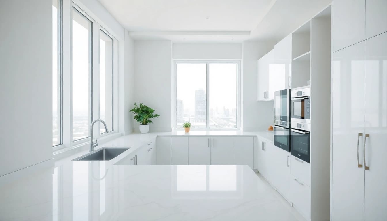 Kitchen deep cleaning Dubai showcasing a spotless modern kitchen with gleaming appliances and organized spaces.