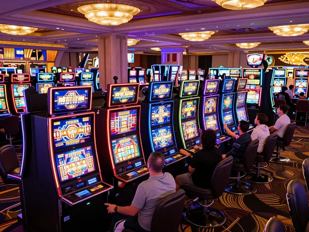Players hitting jackpots on vibrant 777X-themed slot machines in a Las Vegas casino.