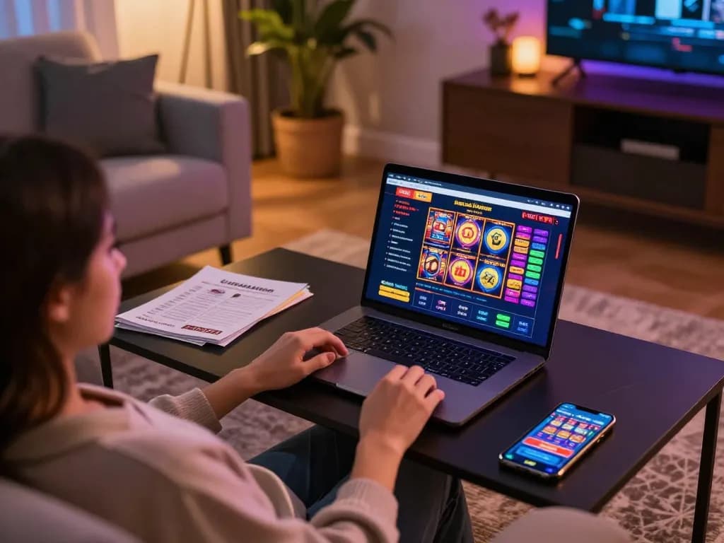 Person engaged in online casino gaming with w188 app on laptop, cozy home atmosphere
