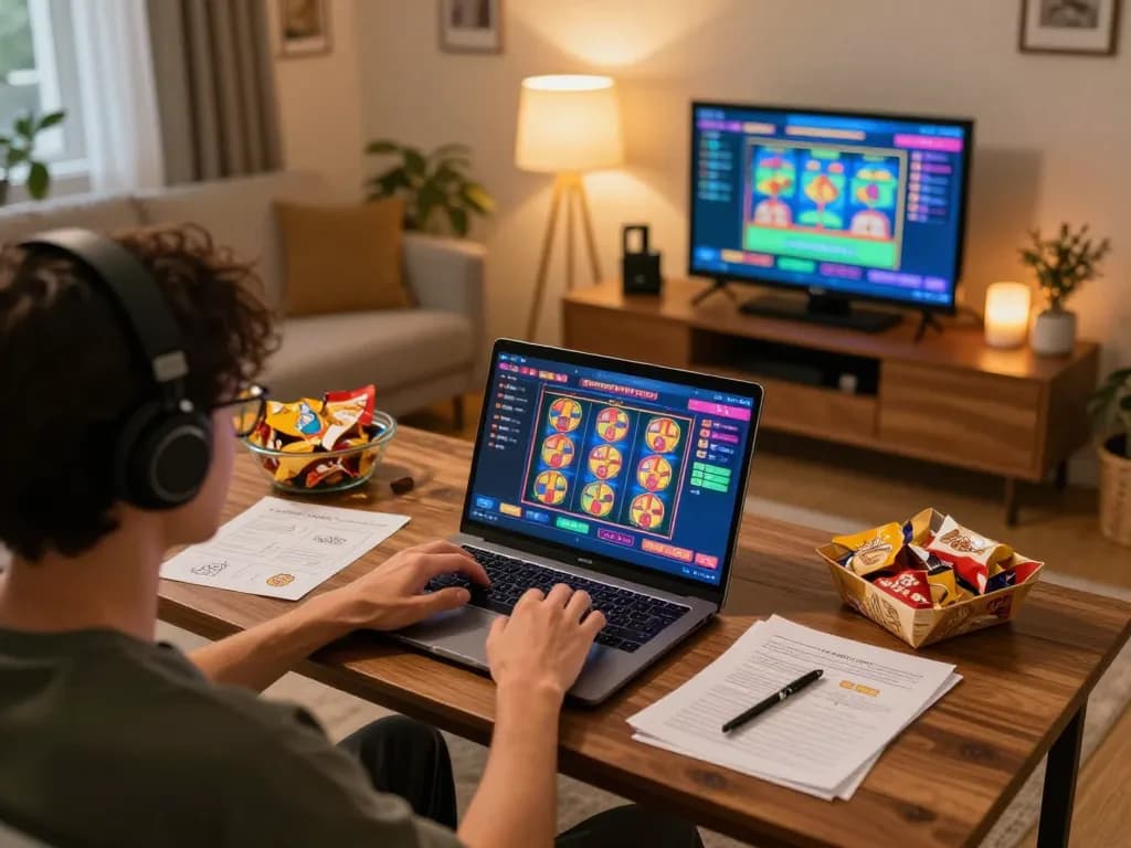 Player enjoying toto slot games on a laptop at home, showcasing an engaging online gaming atmosphere.