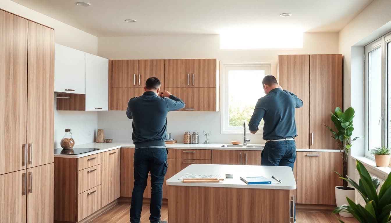 Skilled kitchen fitters assembling cabinets in a bright modern kitchen setting.