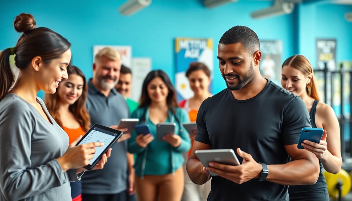 Calculate your metabolic age calculator results with diverse individuals engaging with technology.