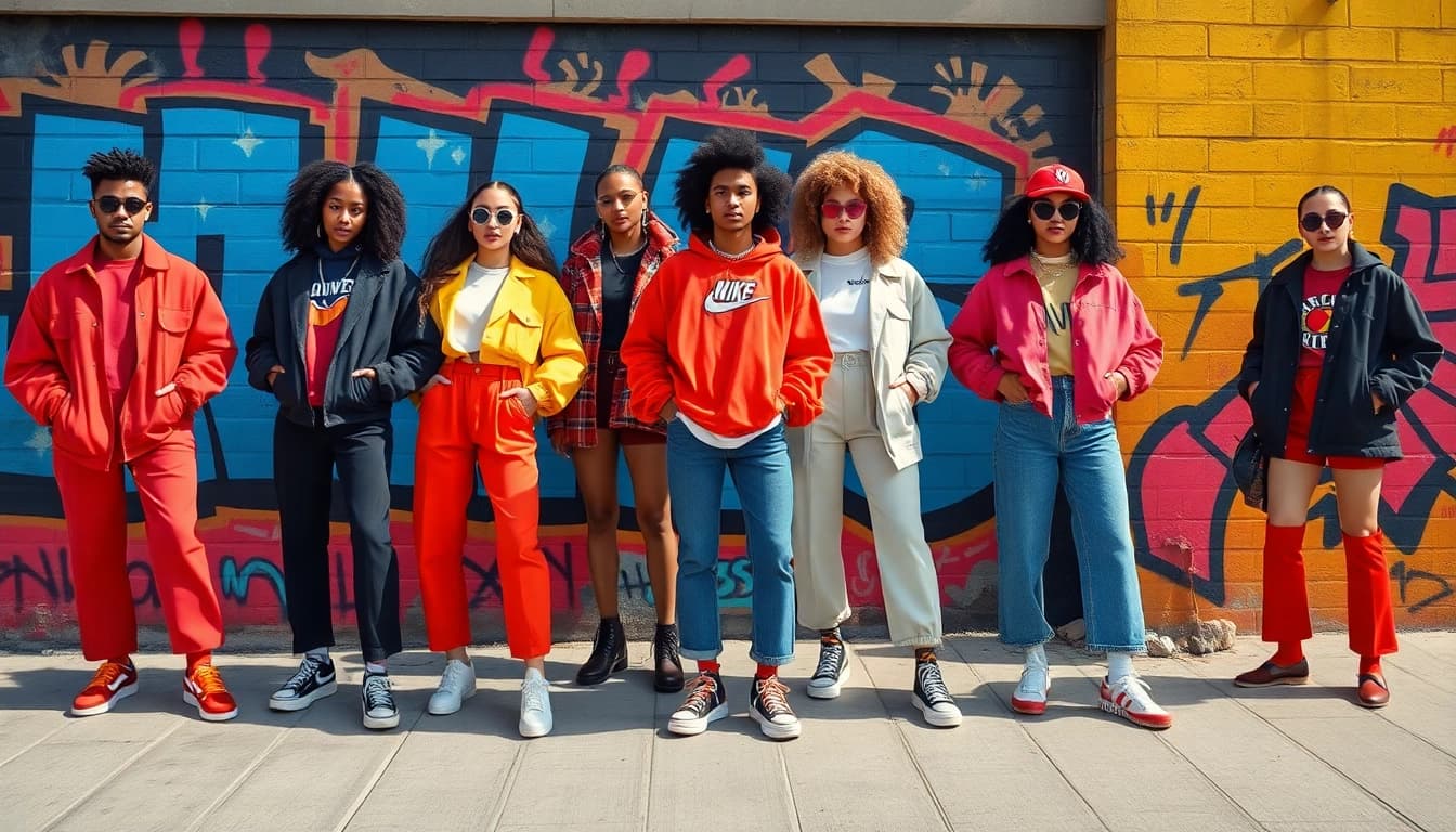 Bold streetwear looks showcased by diverse models in an urban setting with vibrant colors and dynamic poses.