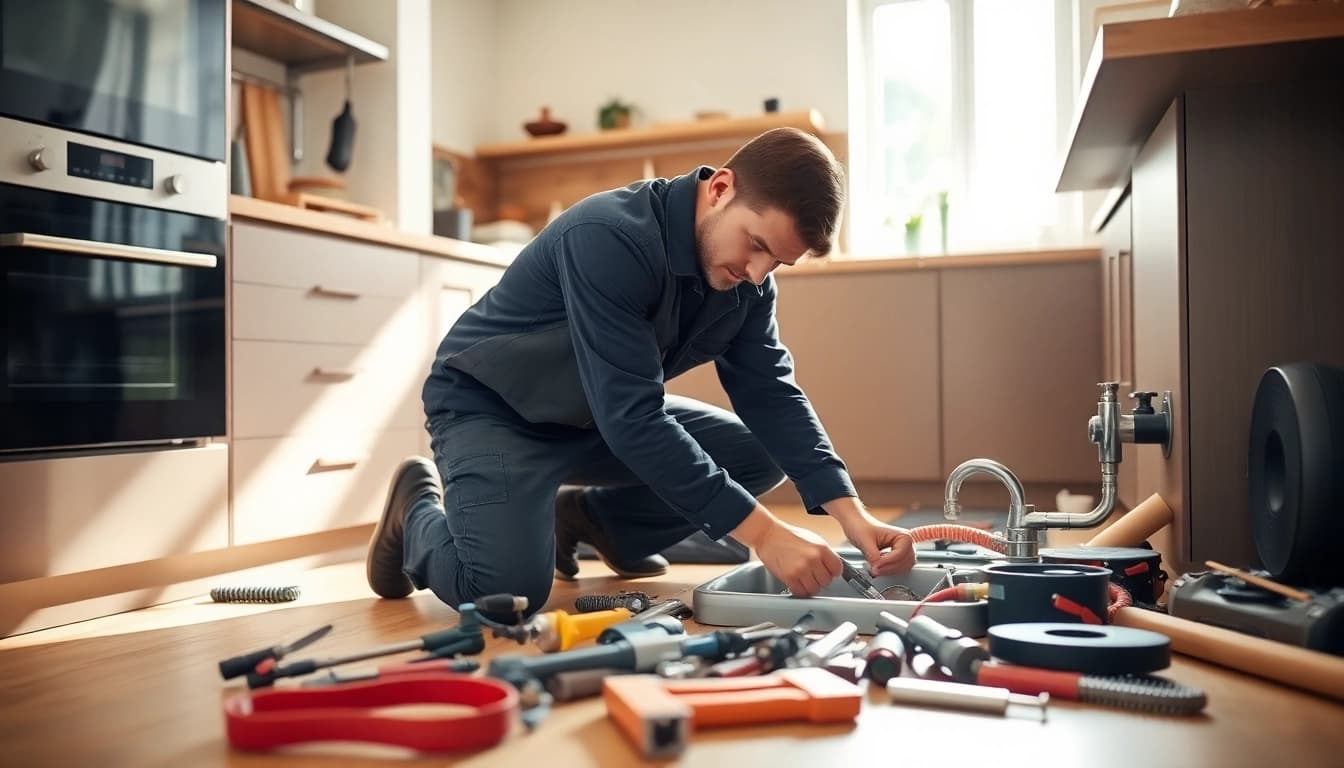 Plumbers Bristol expertly fixing a kitchen sink with tools in action.