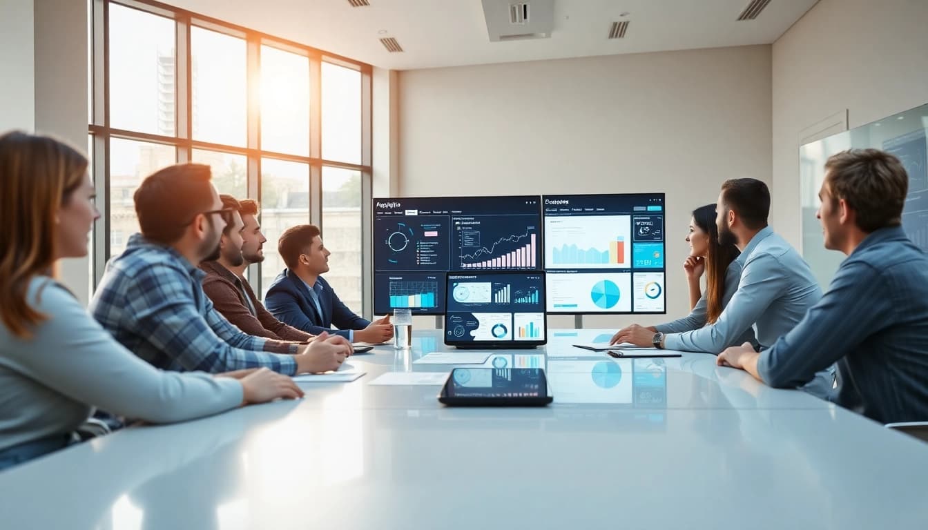 Analyze competitive intelligence data with AI insights in a modern office.