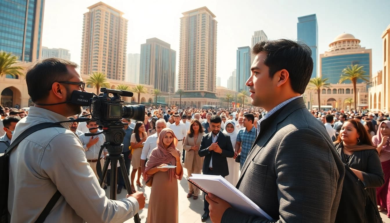 Capture vibrant news scene showcasing diversity at https://emiratenewsday.com with city blend of modern and tradition.