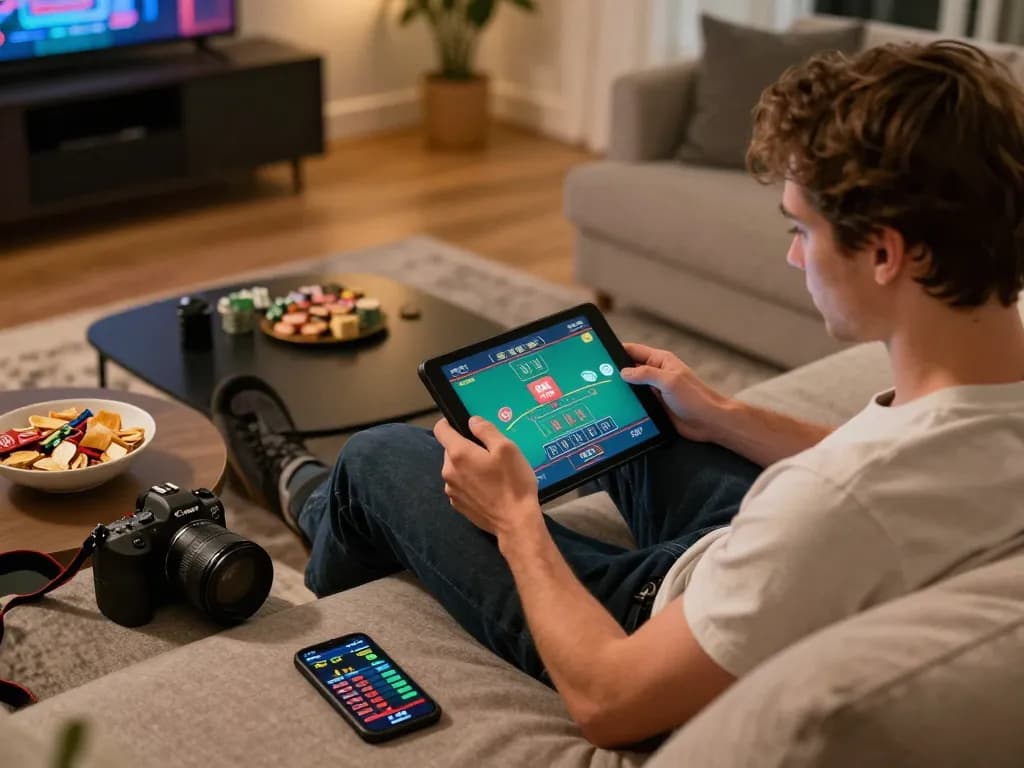Player enjoying live dealer blackjack on tablet while betting at thabet from a cozy home