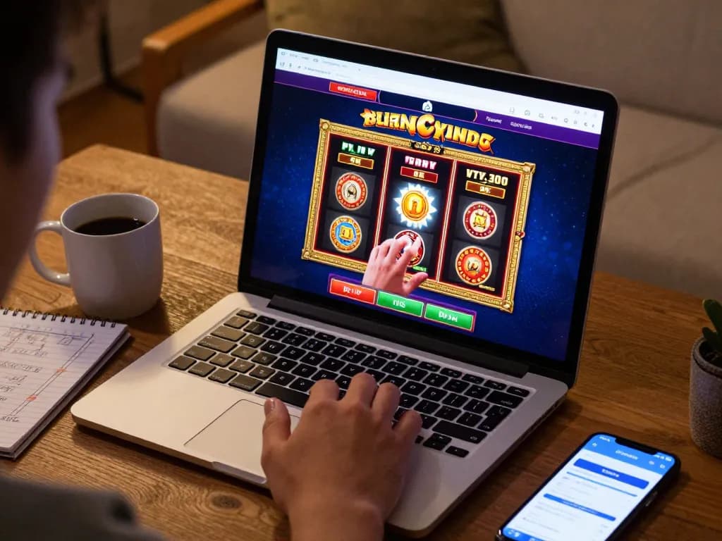 Player engaging with an exciting slot server thailand game on their laptop in a cozy home environment