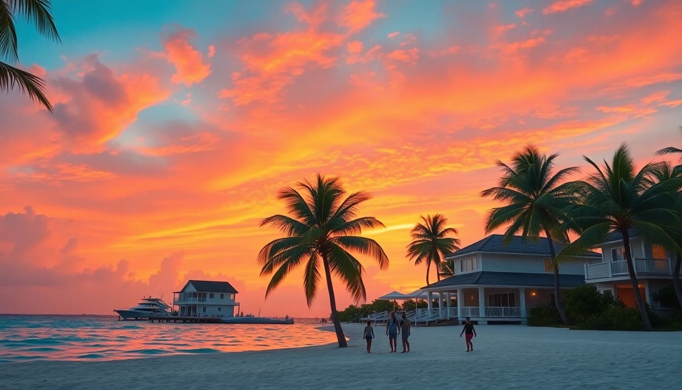 Belize Investment Property featuring stunning beachfront homes under a vibrant sunset on Ambergris Caye.